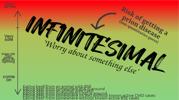 Remember that spectrum of risk? Well, all of these risks are infinitesimal. Worry about something else! Eating beef from an animal with BSE is still more dangerous than eating deer from an animal with CWD, which is more dangerous than eating beef from somewhere without known active BSE cases - but all of these are clustered very, very far on the safe side of the graph.