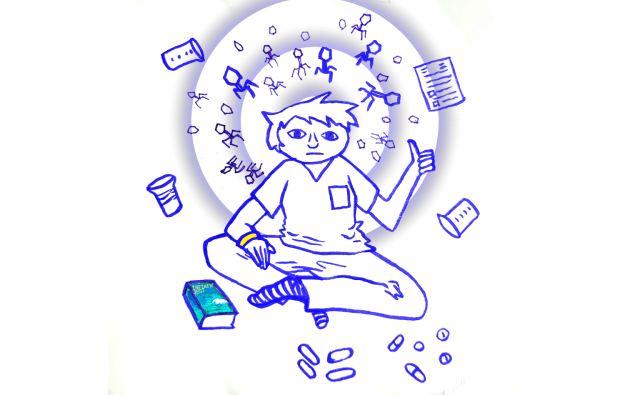 Drawing of the author wearing hospital scrubs surrounded by a halo of bacteriophages and floating beakers, a form, a cup, pills, bacillus bacteria, and a copy of Infinite Jest.