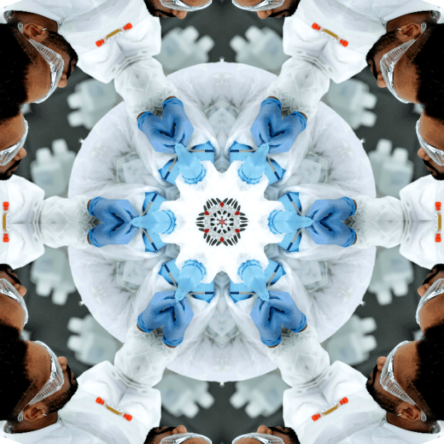 A trippy kaleidescope-type image of a scientist writing something down.