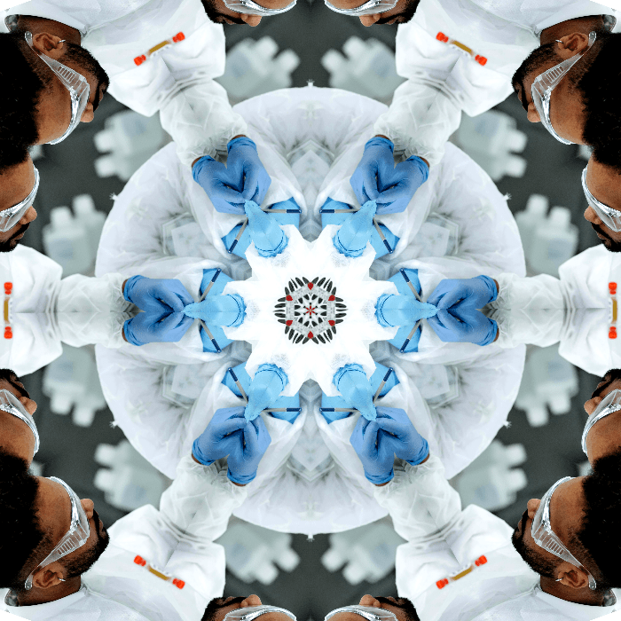 A trippy kaleidescope-type image of a scientist writing something down.