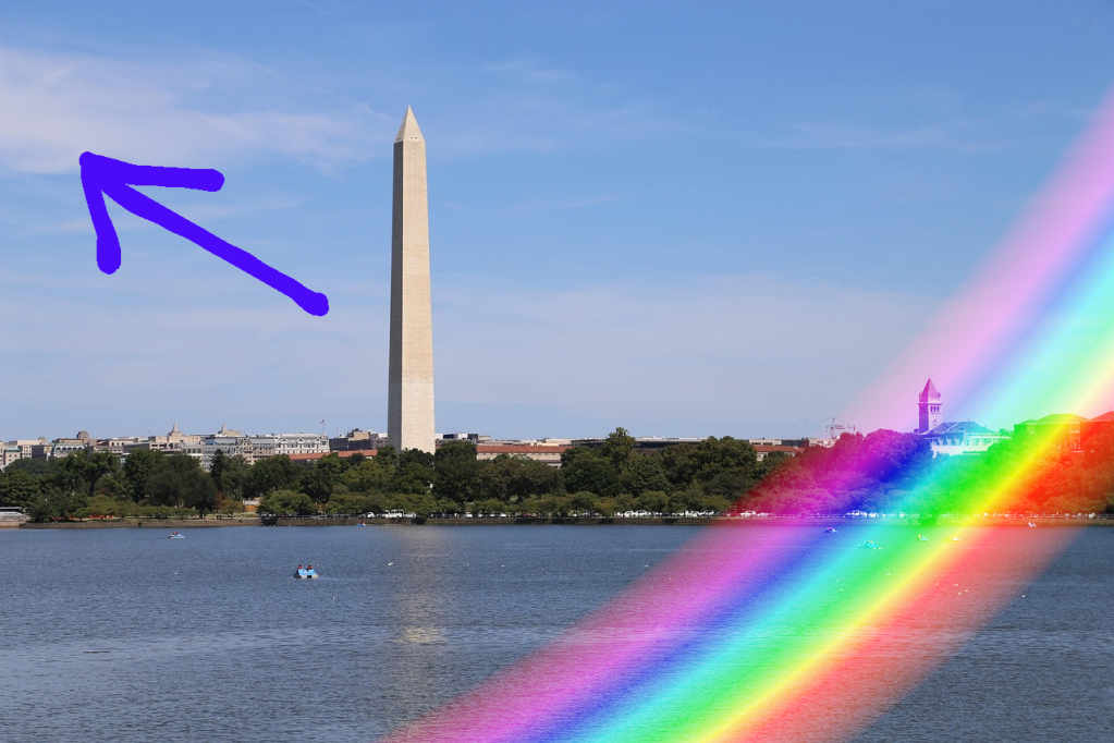 An arrow over the DC skyline, indicating AWAY. The faint arc of a rainbow overlays it.