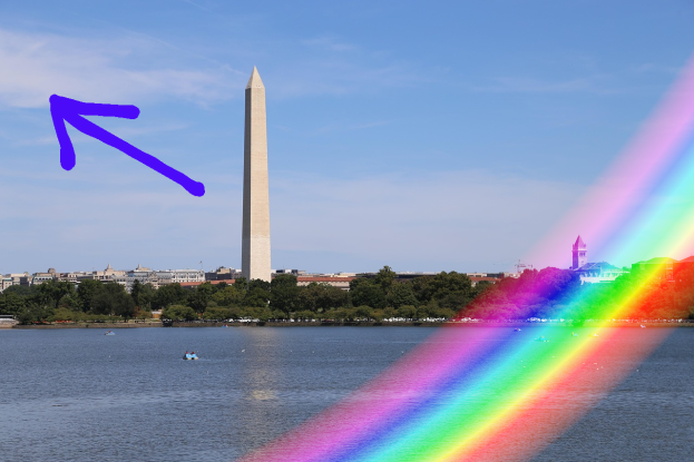 An arrow over the DC skyline, indicating AWAY. The faint arc of a rainbow overlays it.