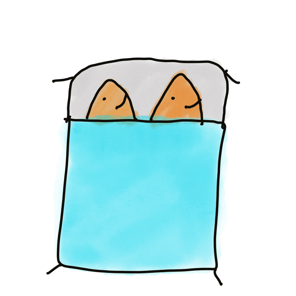 Art of two fish in bed together. Fear not. They are chastely covered by a blanket.